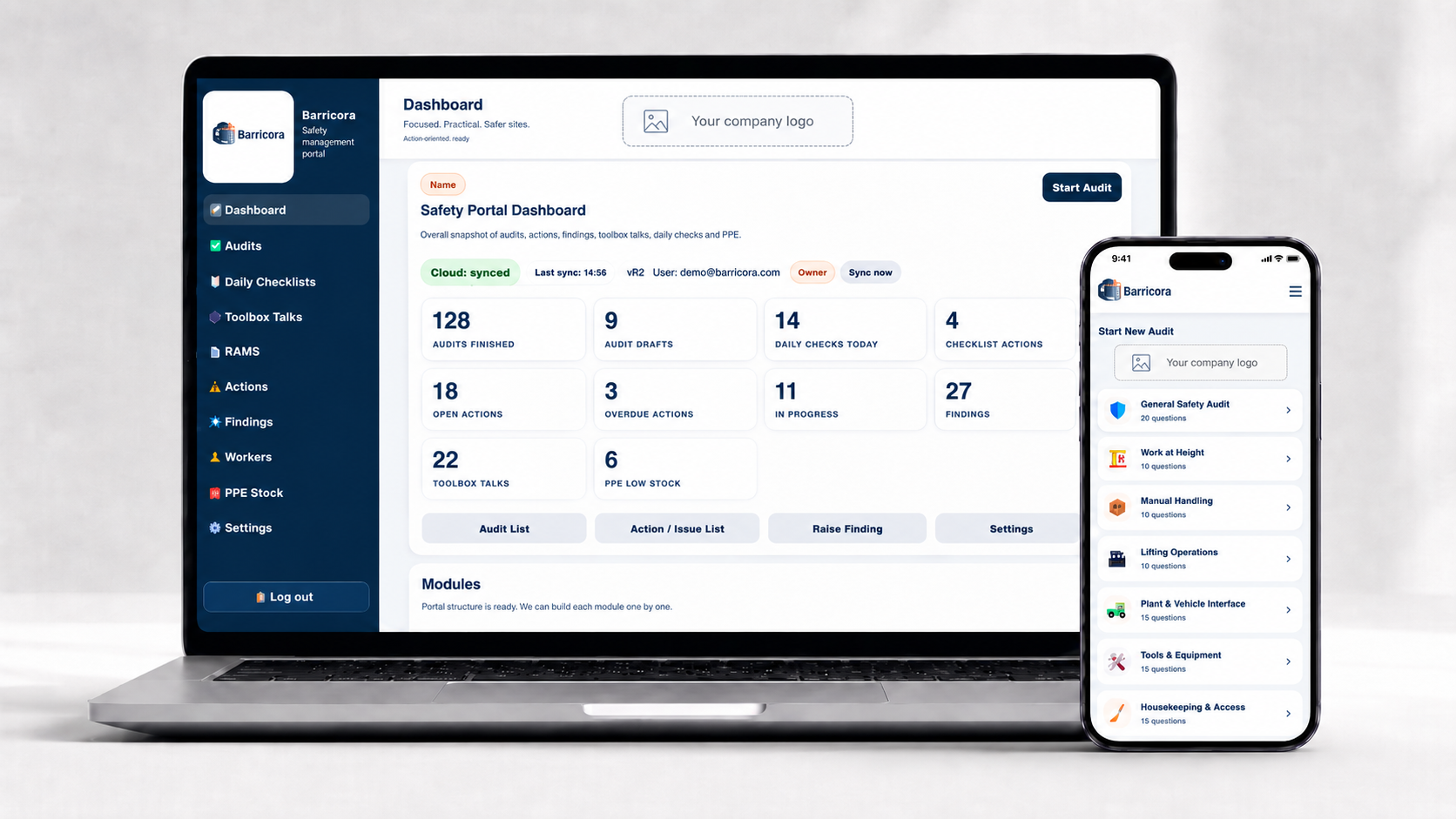 Barricora dashboard shown on a laptop and the audit selection screen shown on a phone, including the company logo area.